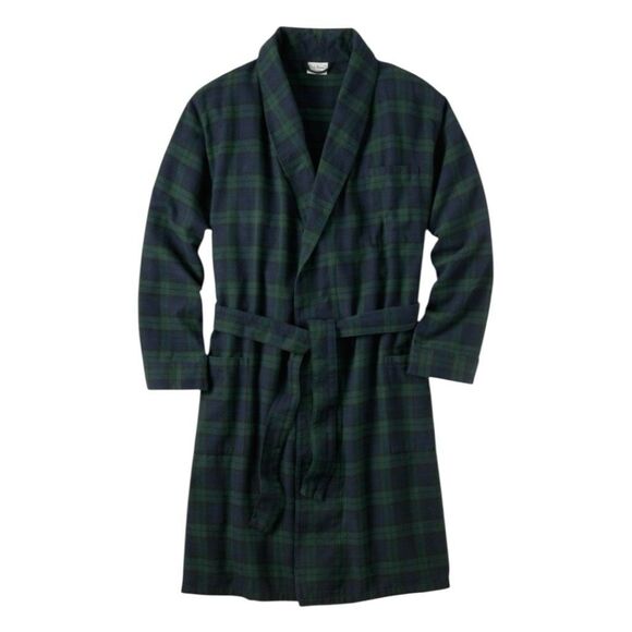 L.L. Bean Scotch Plaid Flannel Robe Green Navy Blue - Picture 1 of 9
